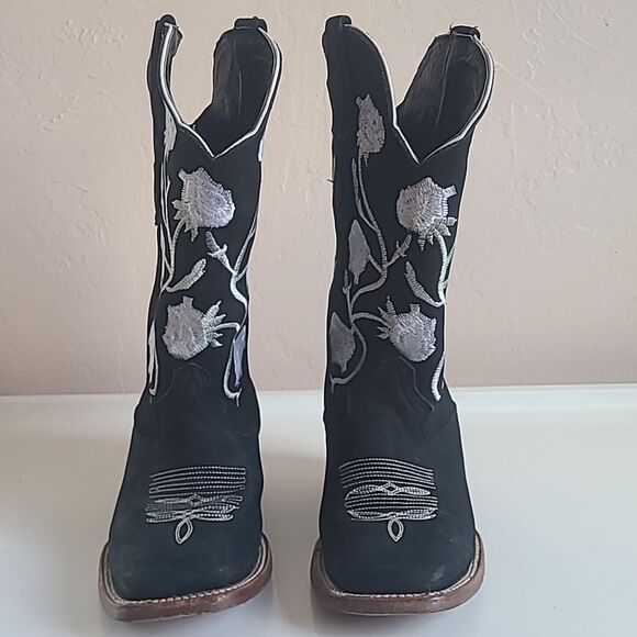 White Diamond Black Nubuck Leather White Flowers Square Toe Rodeo Boot Size 6.5 - Picture 3 of 16